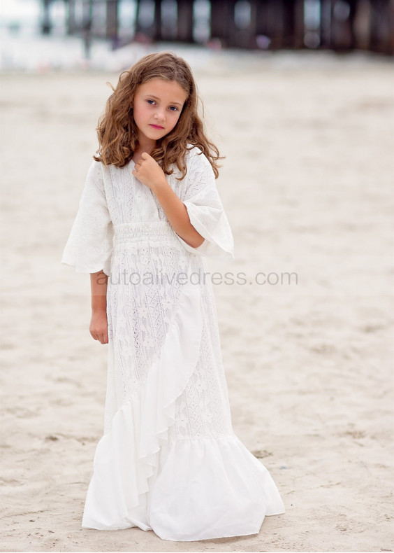 Ivory Lace V Neck Ruffle Boho Beach Flower Girl Dress